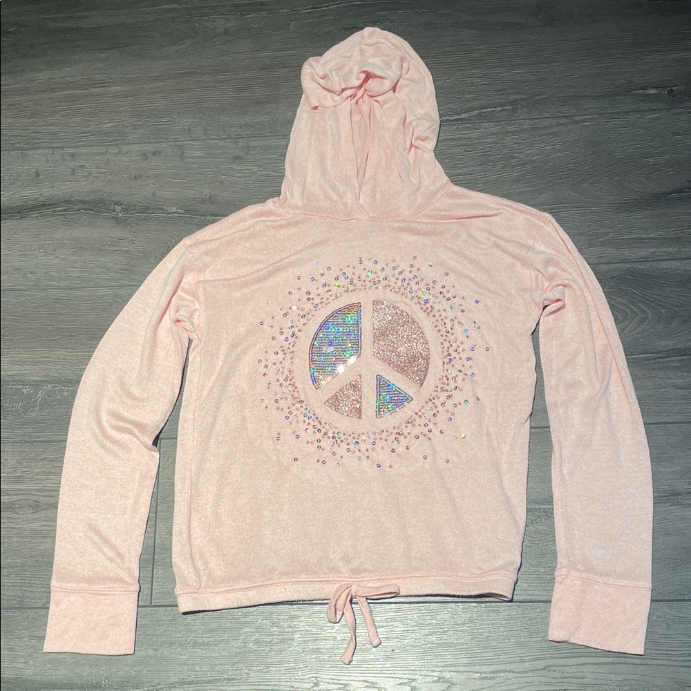 Pink Long Sleeve Hooded shirt with Peace Sign Design